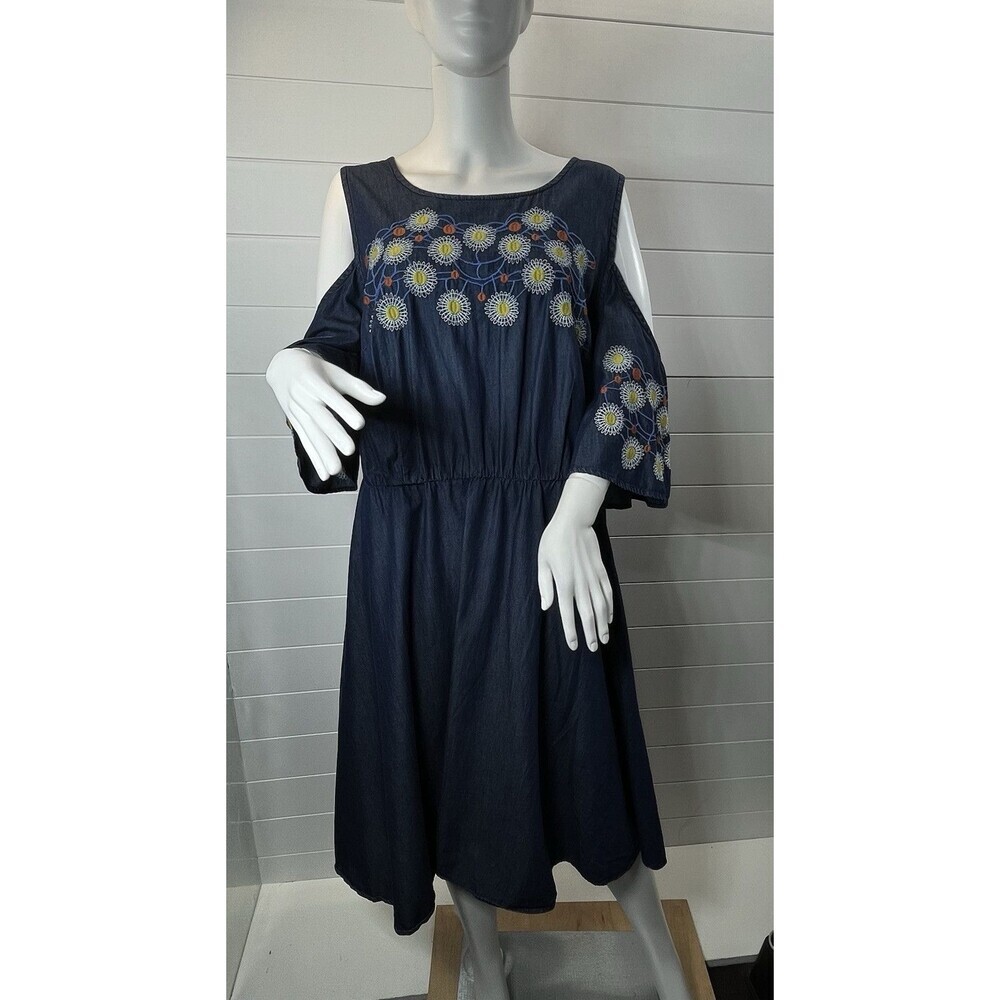 Eloquii Midi Dress Womens Sz 20 Embroidered Denim Cold Shoulder Cutout Boho*FLAW
